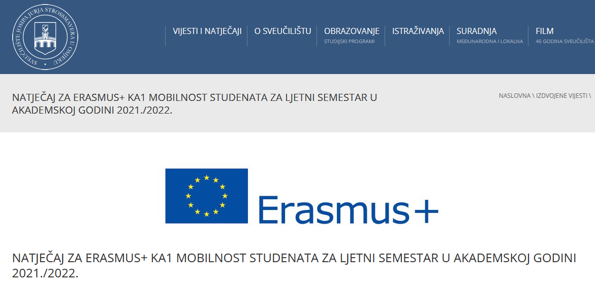 NATJEČAJ ZA ERASMUS+ KA1 MOBILNOST STUDENATA ZA LJETNI SEMESTAR U AKADEMSKOJ GODINI 2021./2022.